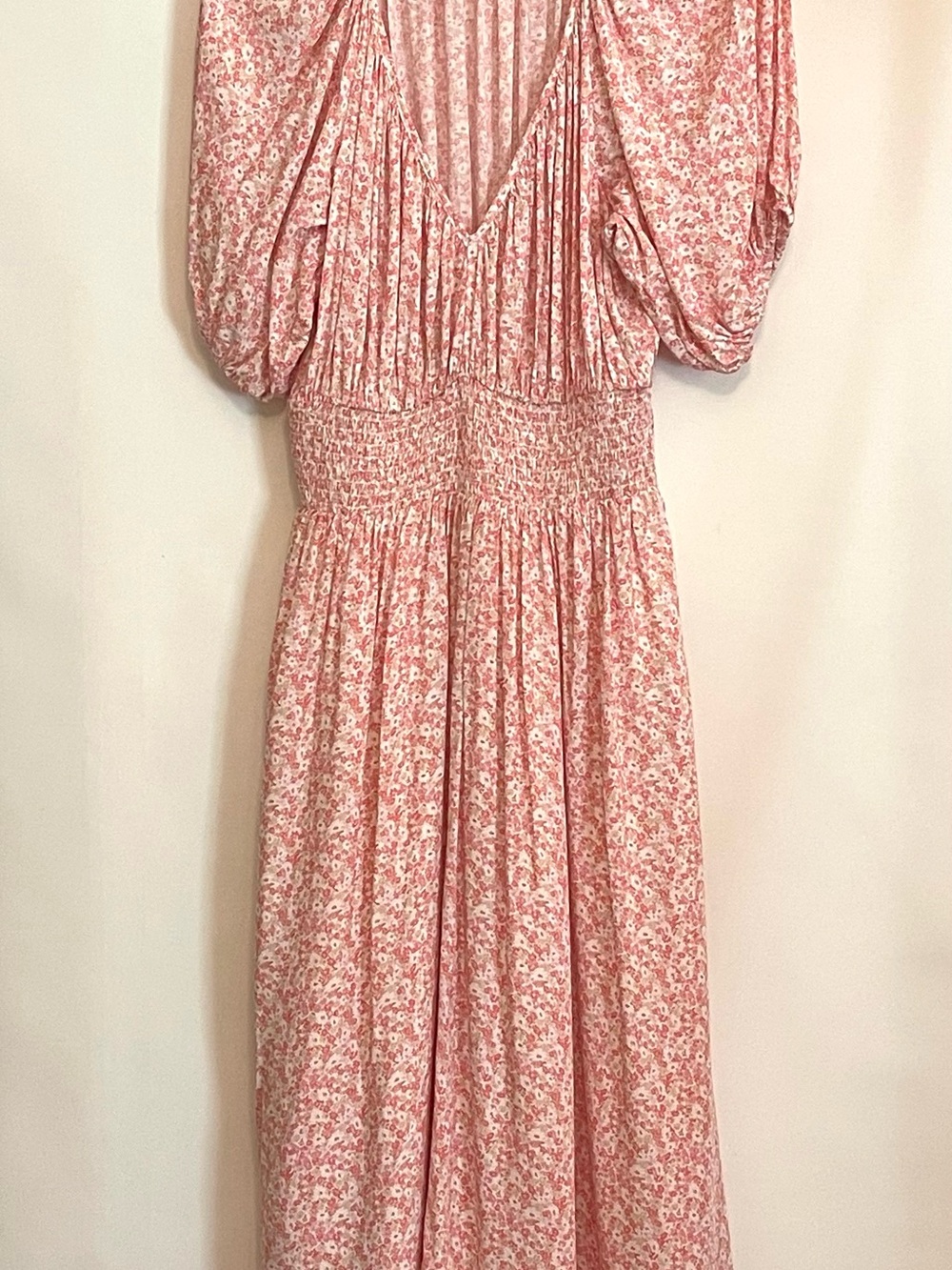 NEW Gap Ditsy Floral Pink Milkmaid Cottagecore Smock Waist Pockets Maxi Dress L